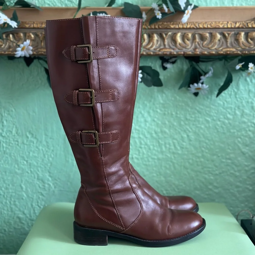 Ecco Hobart Brown Leather Knee High Riding Buckle Boots sz 36 5-5.5